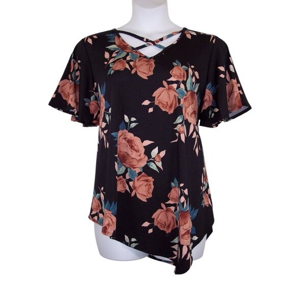 NEW Avenue 22/24 Floral Asymmetrical Short Flutter Sleeves Top - Picture 1 of 14